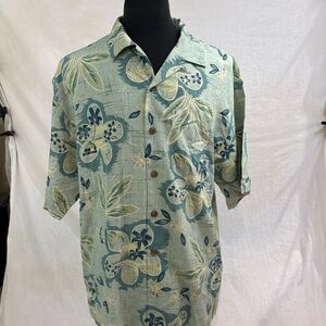 Tommy Bahama Blue and Green Leaf Print Shirt Large